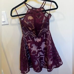 Burgundy Halter Dress with Sheer Overlay